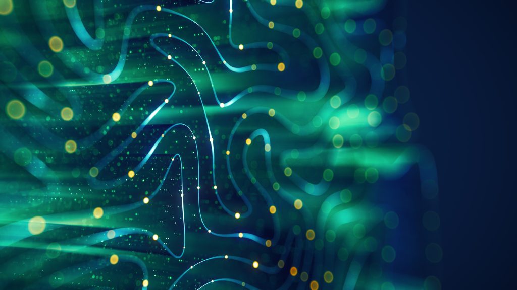 Abstract digital background featuring flowing blue and green lines with glowing yellow particles.