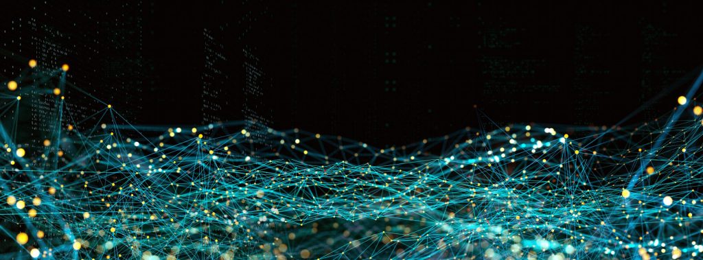 Abstract digital fibre network mesh with glowing nodes.